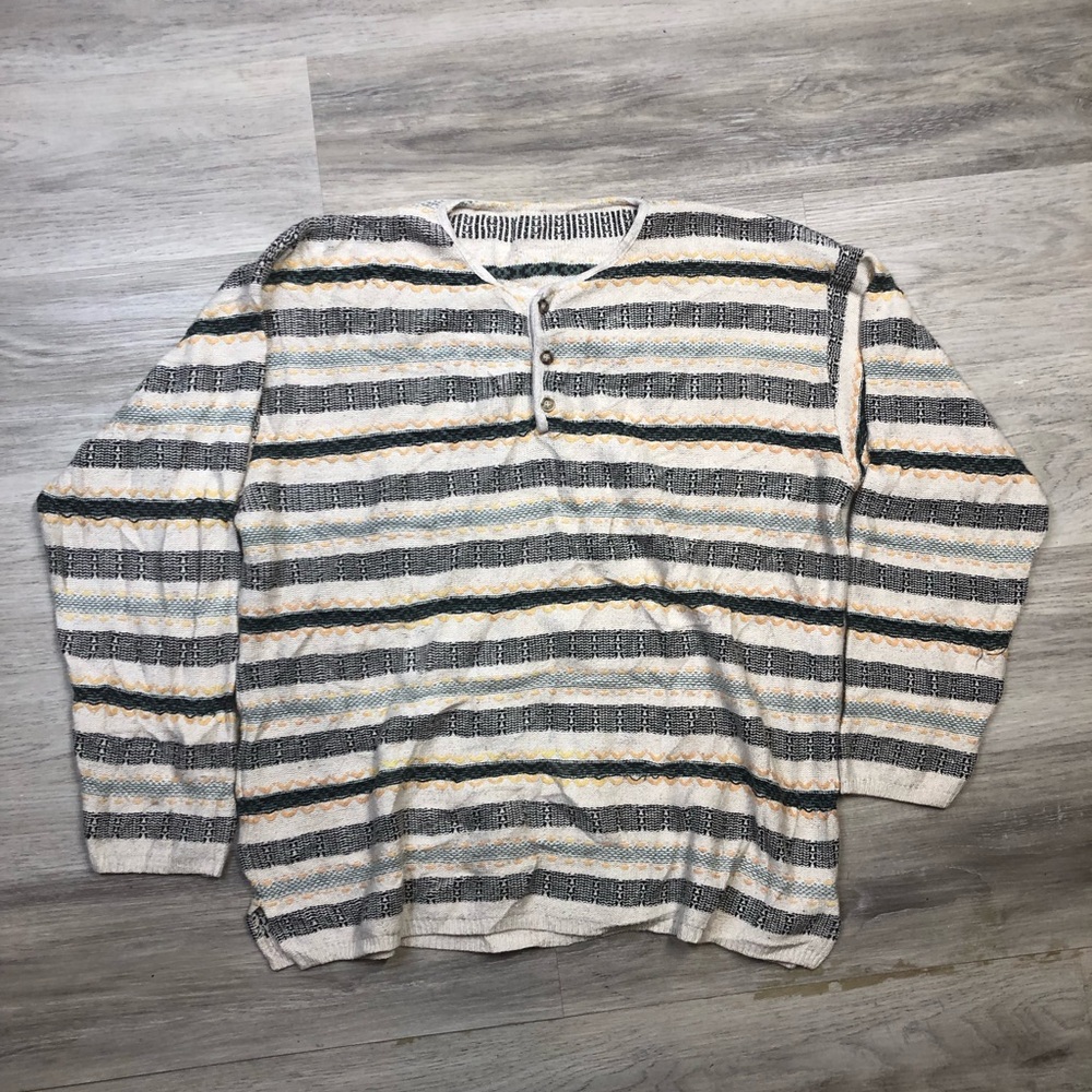 Vintage 70’s Striped Henley Sweater in Cream, Gray & Yellow